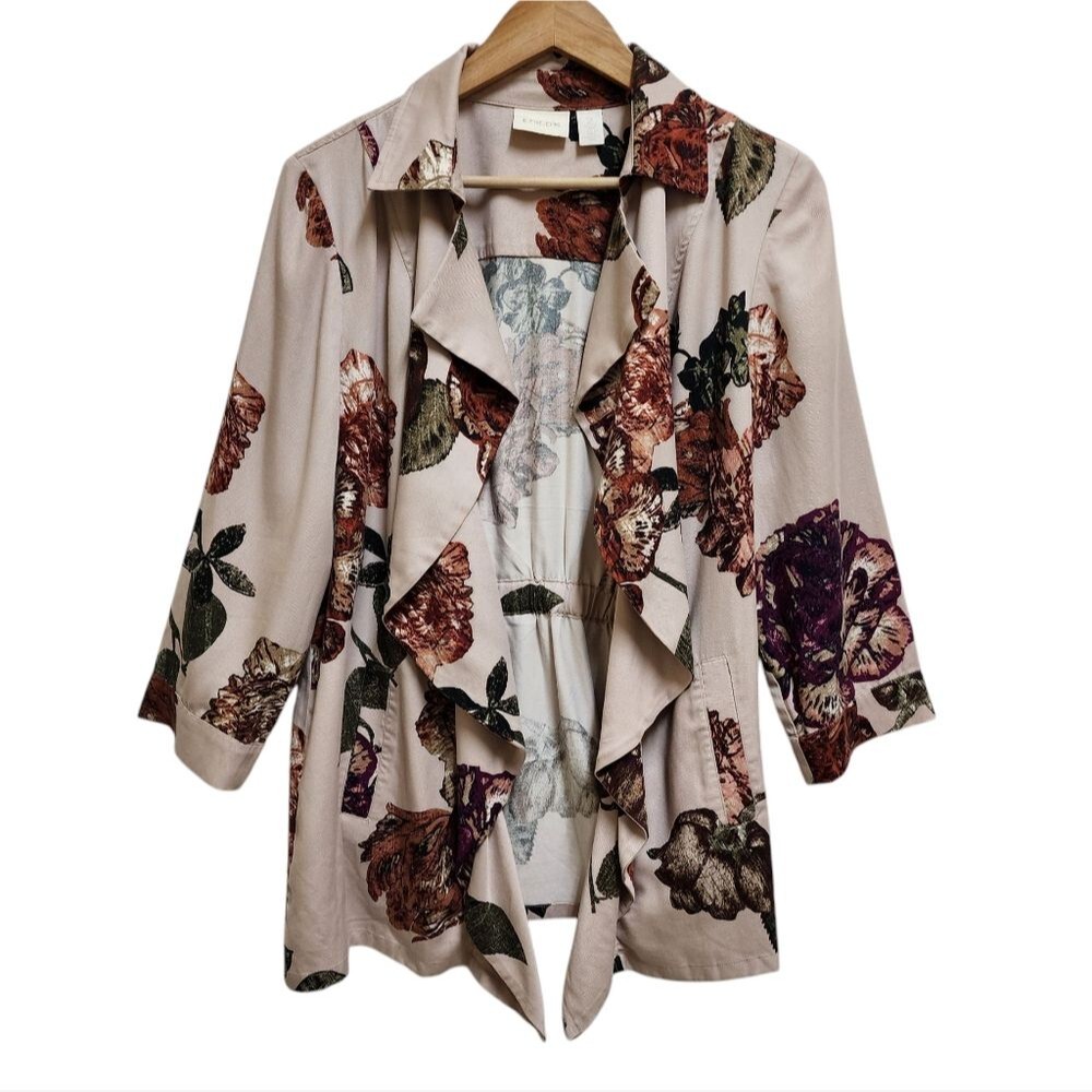 Chico's Jacket Womens L Floral Tencel Open Front Waterfall Cinched Back Soft